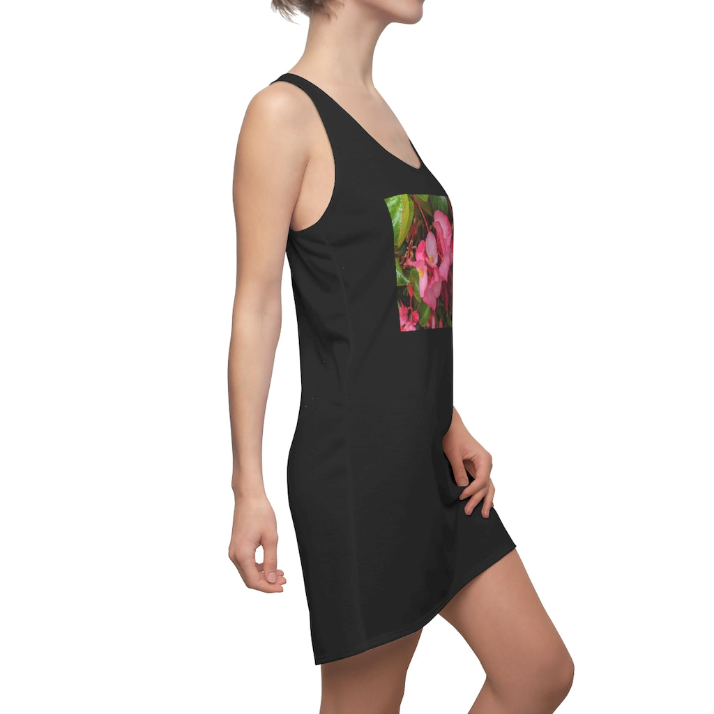 A stylish Pink Flowers Women's Cut & Sew Racerback Dress featuring a floral pattern and sporty fit, perfect for casual and formal occasions.