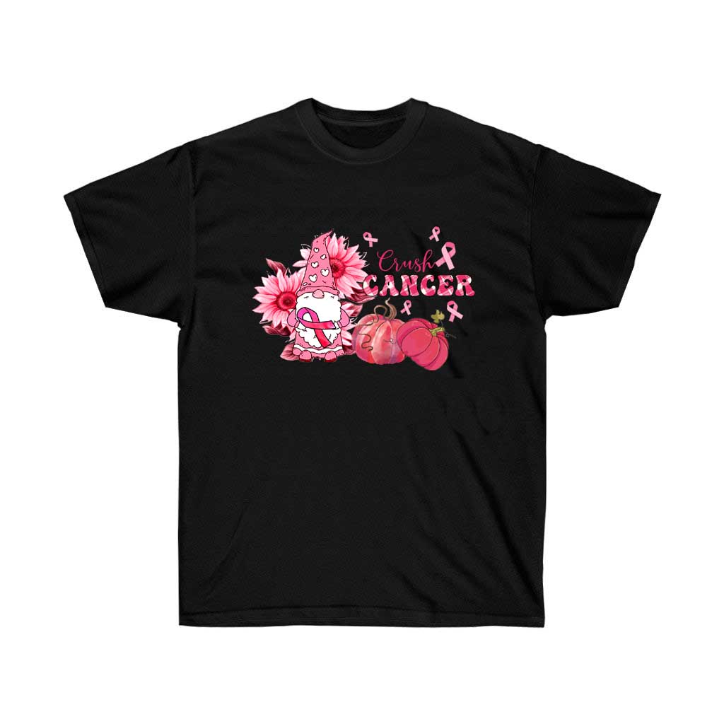 Pink Gnome Pink Ribbon Crush Cancer T-Shirt featuring a pink ribbon design, made from 100% soft cotton, suitable for both men and women.