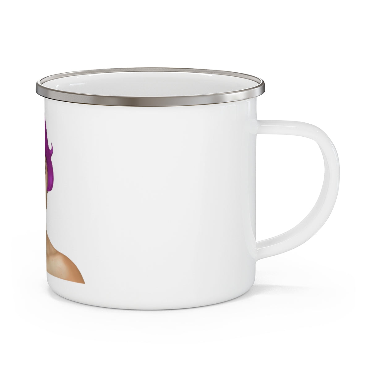 Pink Hair Girl Enamel Camping Mug with vibrant design, perfect for outdoor adventures and personal customization.