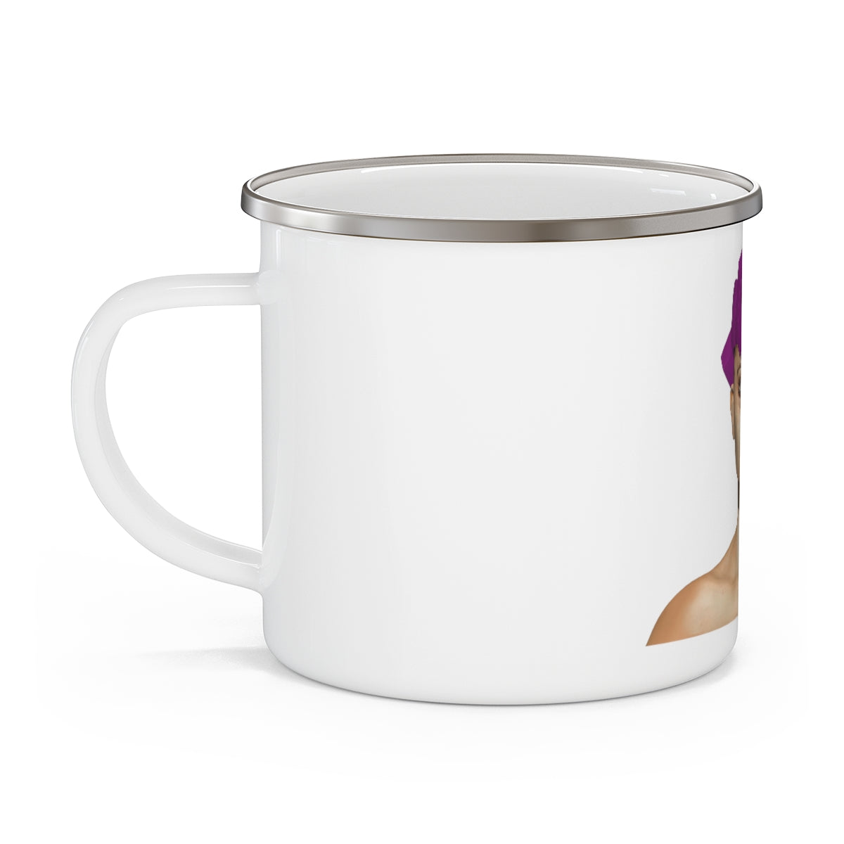 Pink Hair Girl Enamel Camping Mug with vibrant design, perfect for outdoor adventures and personal customization.