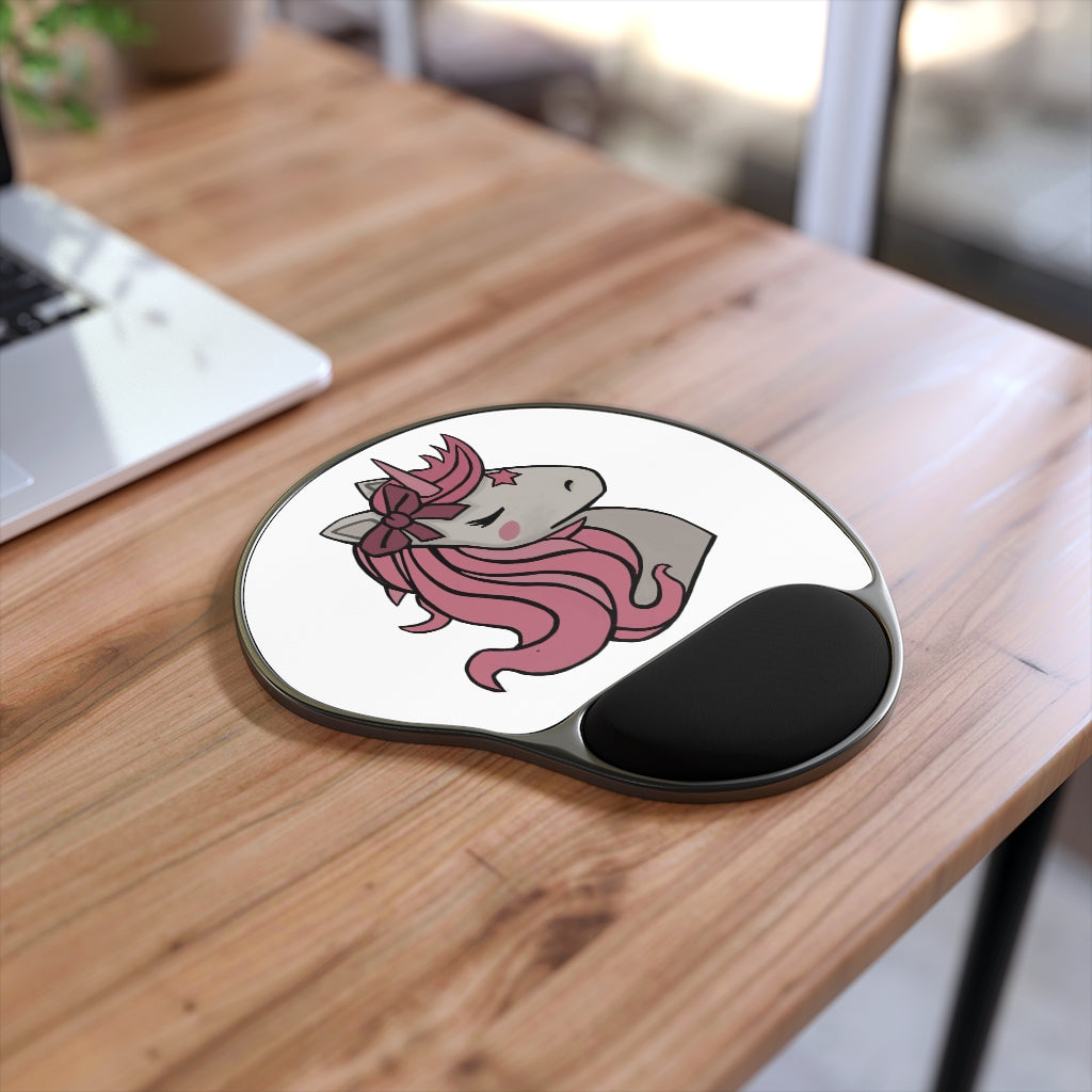 Pink Hair Unicorn Head Mouse Pad with ergonomic Memory Foam wrist rest, featuring a whimsical unicorn design and a sturdy black plastic base.