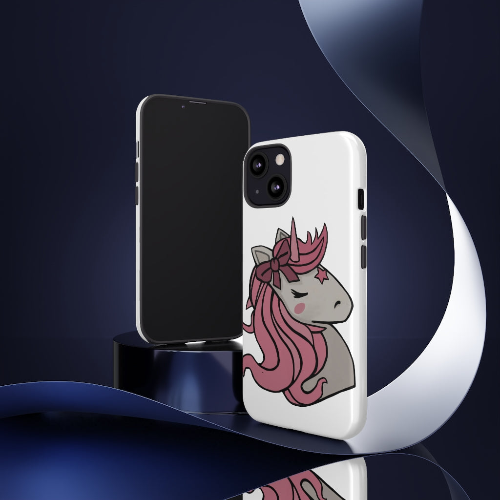 A stylish Pink Hair Unicorn Head Tough Case featuring a vibrant unicorn design, made from impact-resistant materials for maximum protection.