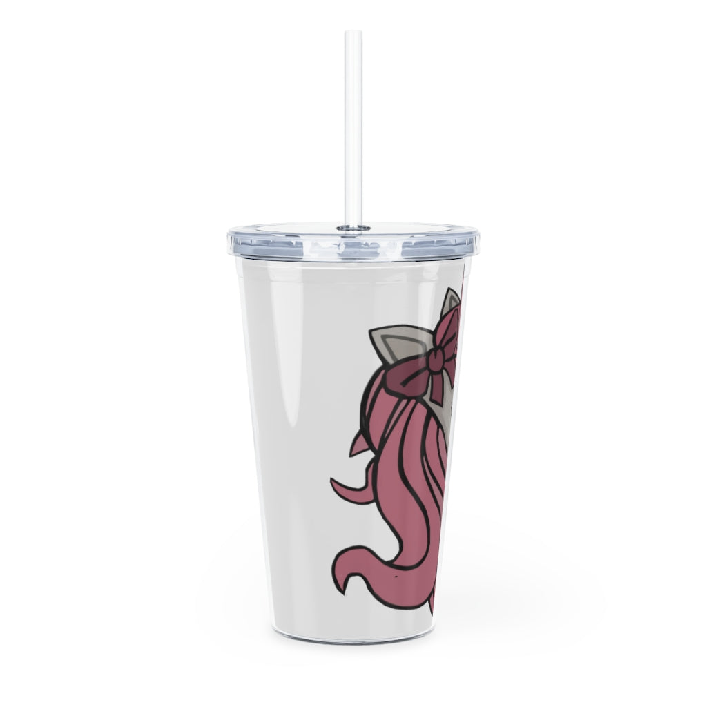 A vibrant pink plastic tumbler featuring a unicorn design, complete with a straw and lid, perfect for drinks at parties and events.