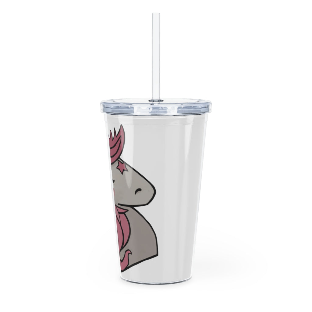 A vibrant pink plastic tumbler featuring a unicorn design, complete with a straw and lid, perfect for drinks at parties and events.