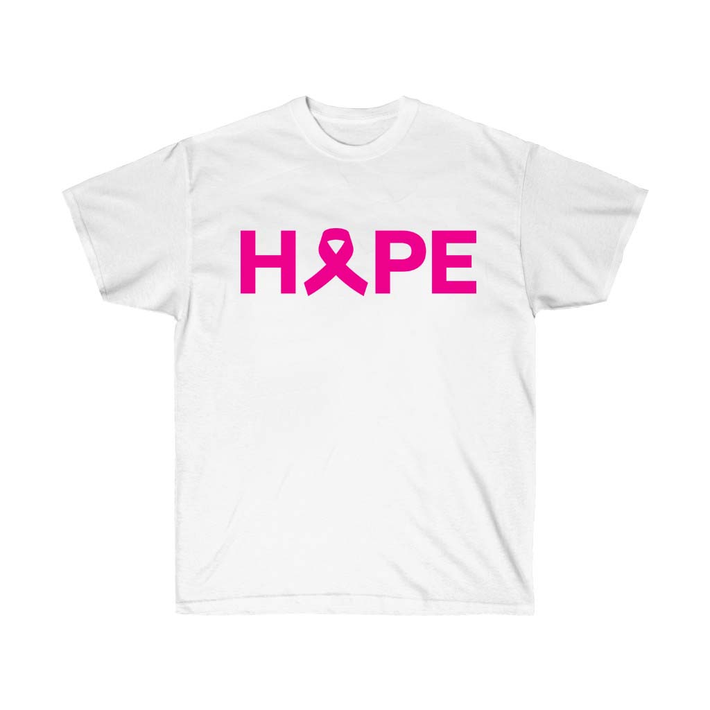 Pink Hope Pink Ribbon T-Shirt made of soft cotton, featuring a pink ribbon design for breast cancer awareness.
