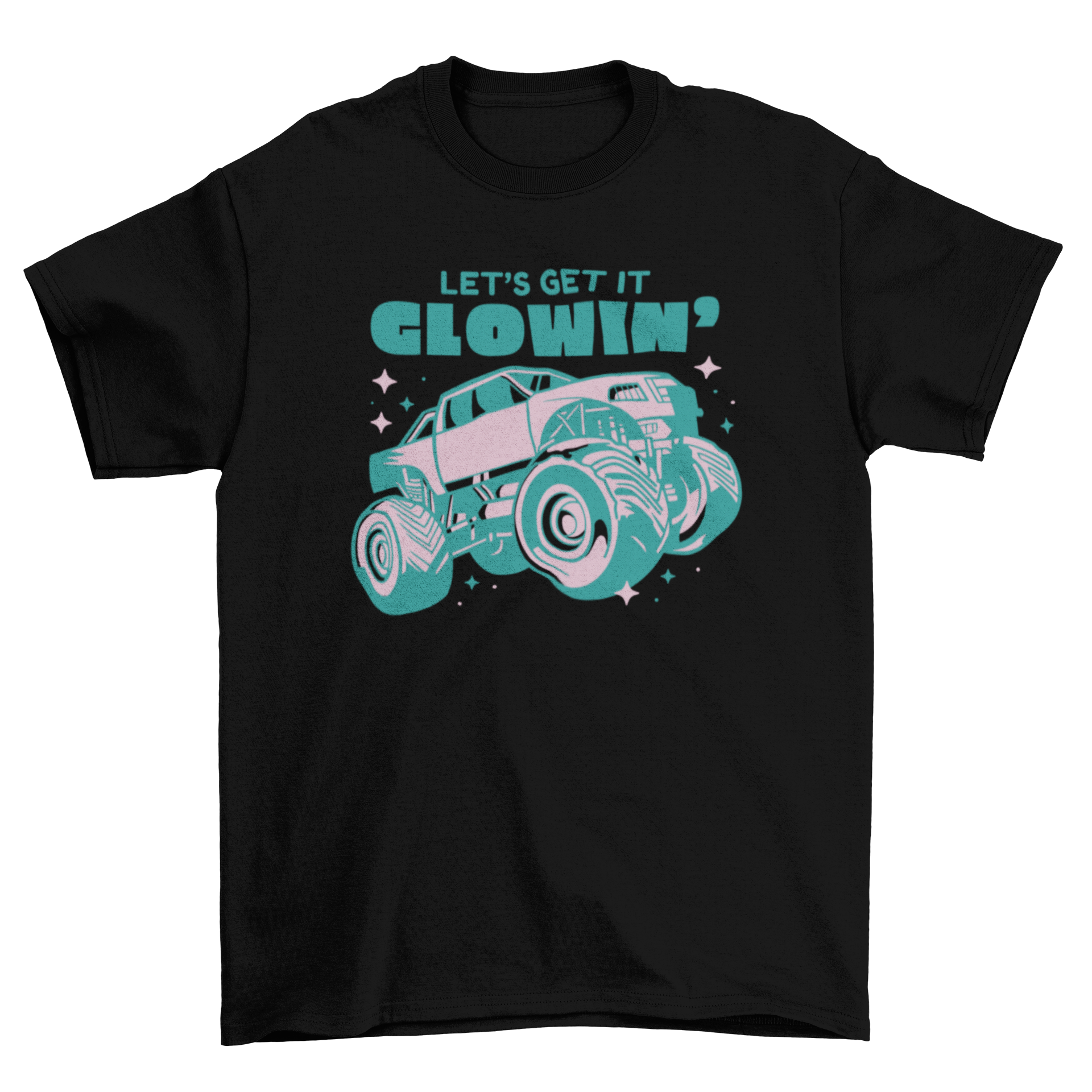 A cute pink t-shirt featuring a sparkling monster truck design and the quote 'Let's get it glowing'.