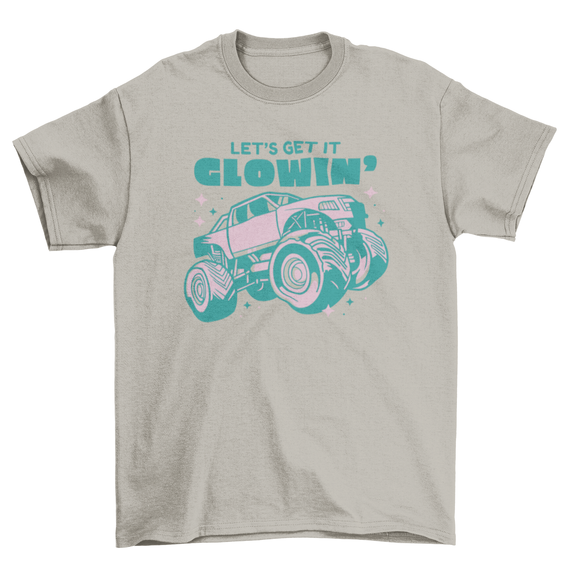 A cute pink t-shirt featuring a sparkling monster truck design and the quote 'Let's get it glowing'.