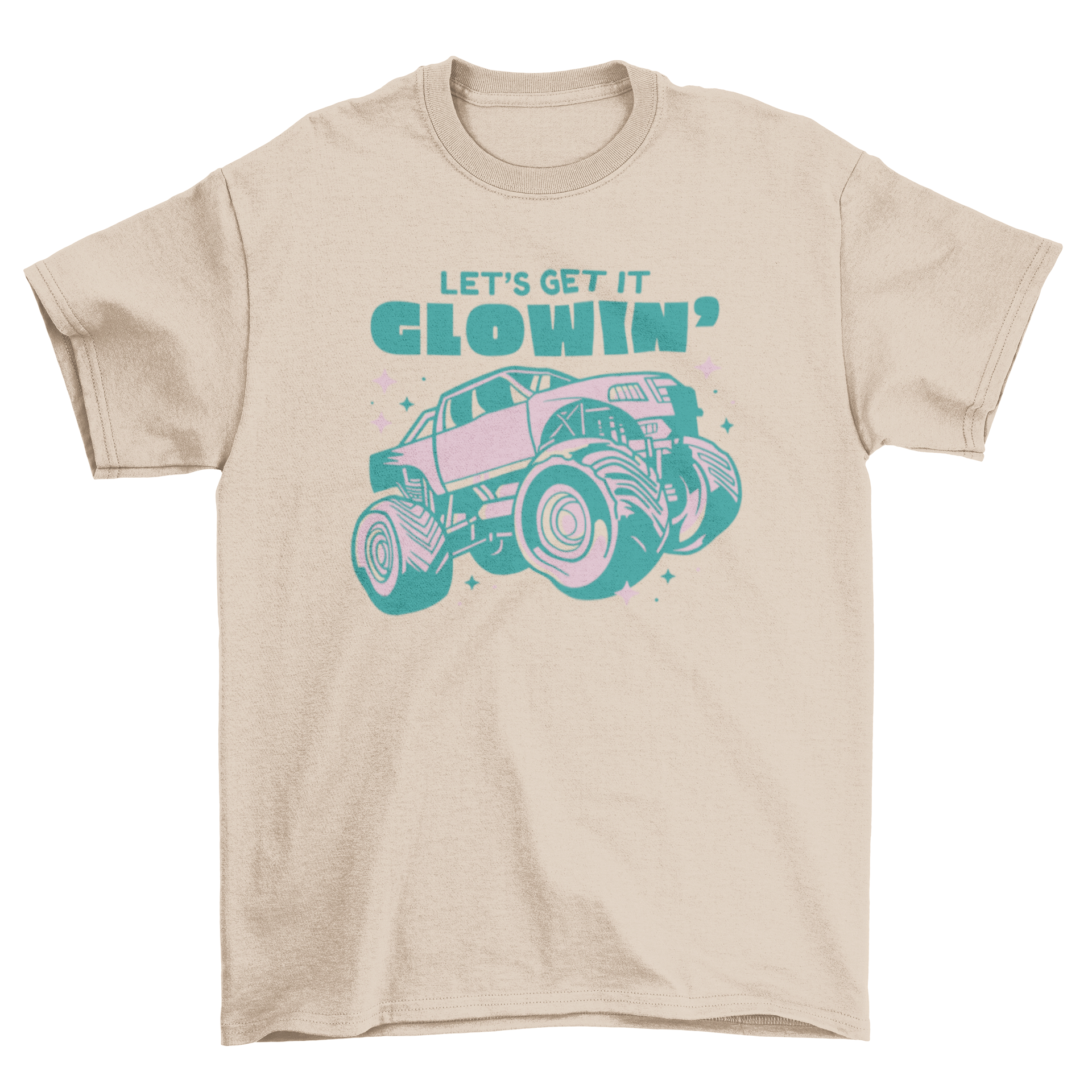 A cute pink t-shirt featuring a sparkling monster truck design and the quote 'Let's get it glowing'.