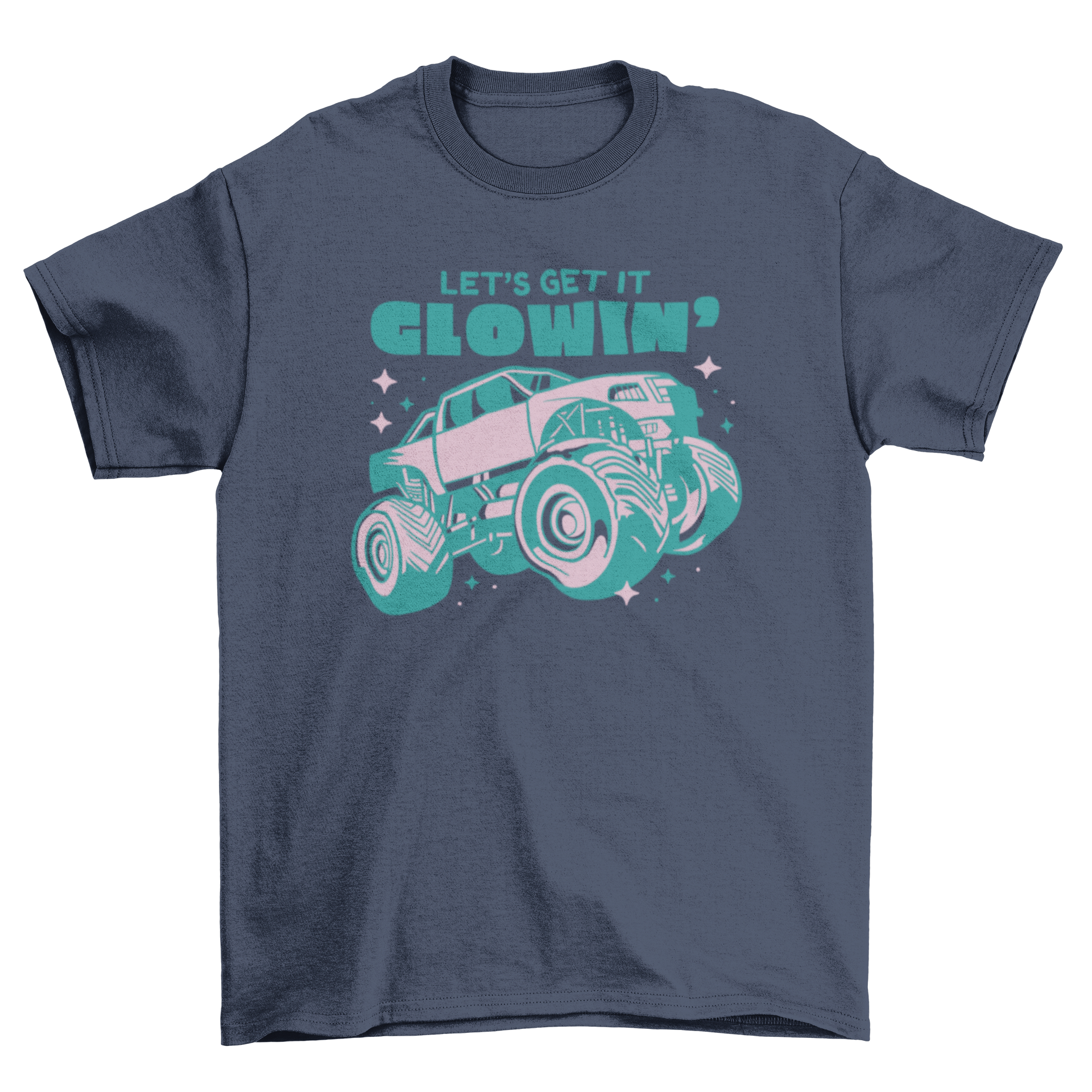 A cute pink t-shirt featuring a sparkling monster truck design and the quote 'Let's get it glowing'.