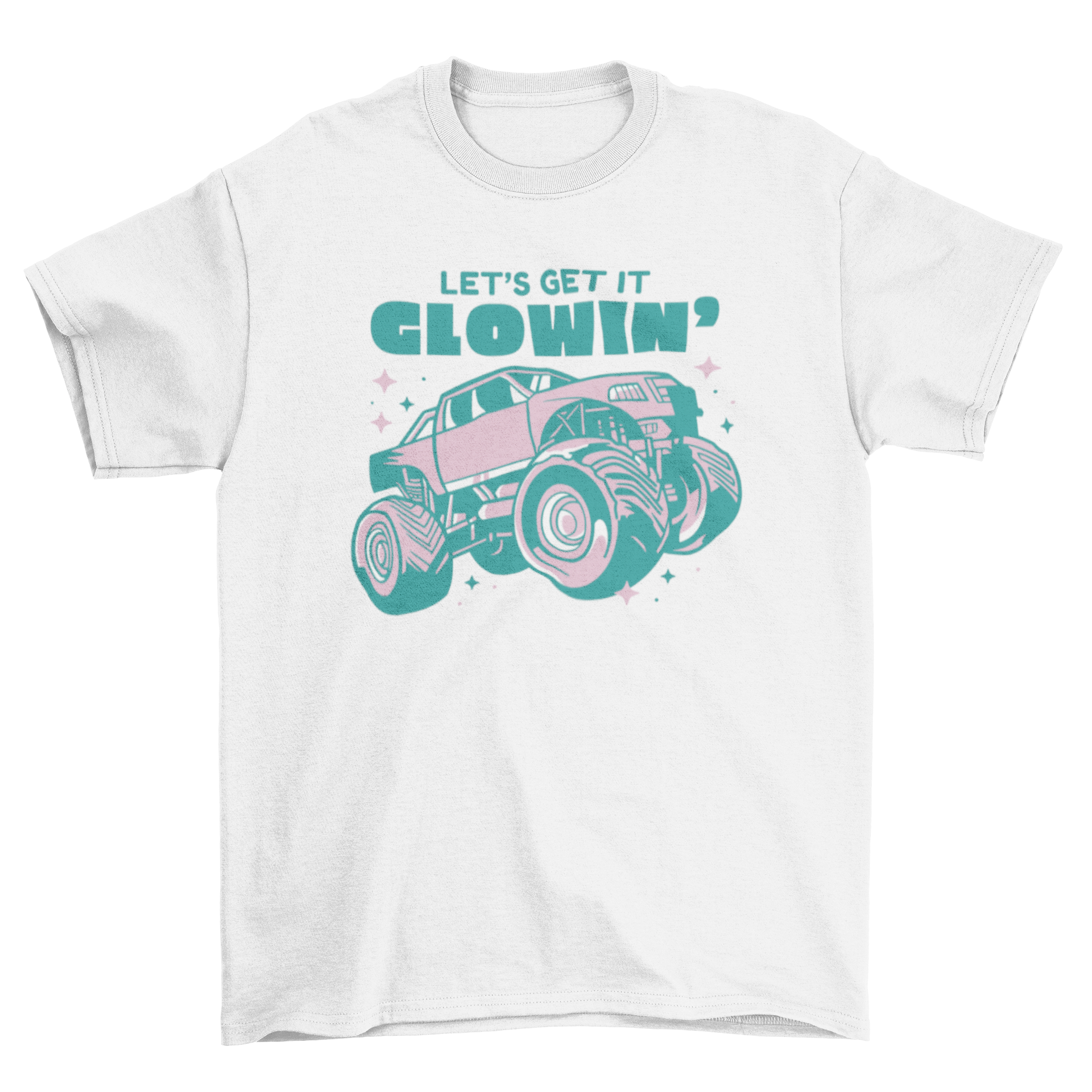 A cute pink t-shirt featuring a sparkling monster truck design and the quote 'Let's get it glowing'.