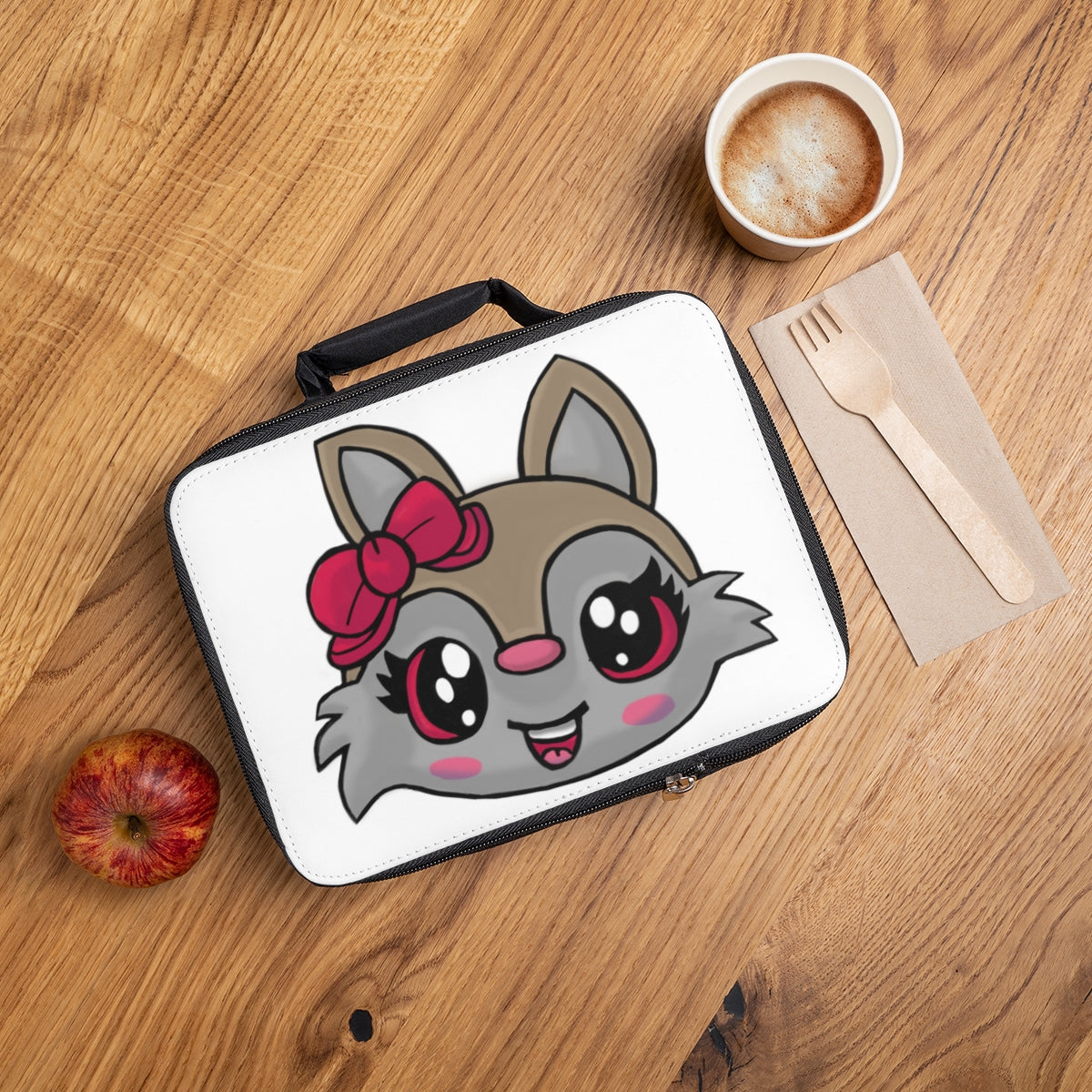 Pink Ribbon Brown Kitty Lunch Bag with zippered closure and carrying handle, featuring a black base and customizable area.