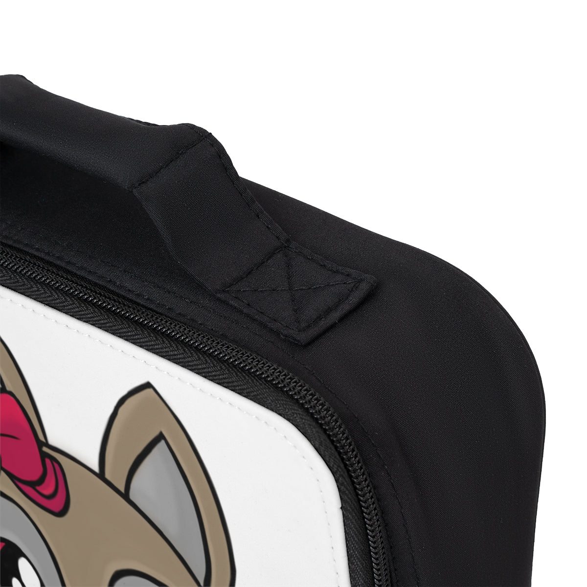 Pink Ribbon Brown Kitty Lunch Bag with zippered closure and carrying handle, featuring a black base and customizable area.