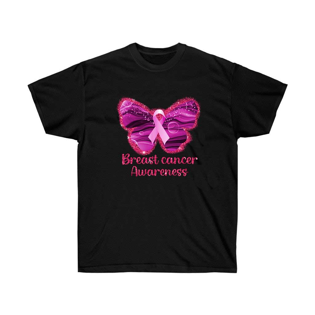 Pink Ribbon with Butterfly Breast Cancer Awareness T-Shirt, showcasing a vibrant design symbolizing support for breast cancer awareness.