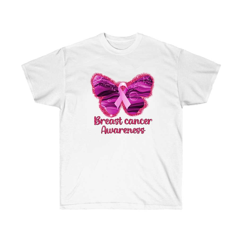Pink Ribbon with Butterfly Breast Cancer Awareness T-Shirt, showcasing a vibrant design symbolizing support for breast cancer awareness.