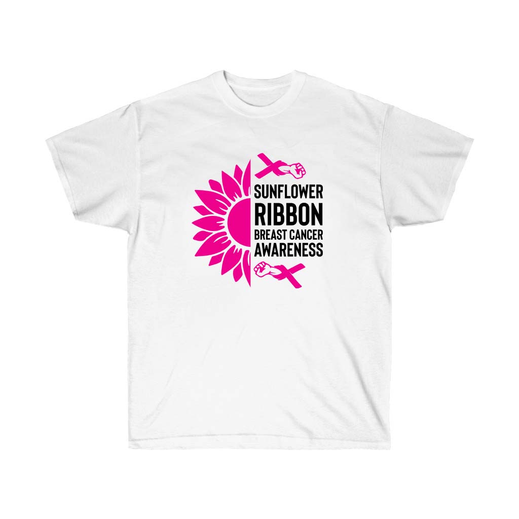 Pink Sunflower Ribbon Breast Cancer Awareness T-Shirt featuring a vibrant sunflower ribbon design on a soft cotton fabric.