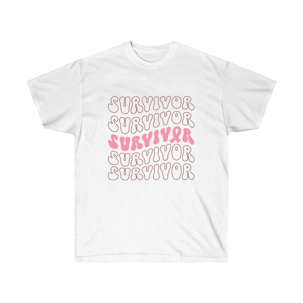 Pink Survivor Retro Lettering Breast Cancer Awareness T-Shirt featuring soft cotton fabric and stylish design.