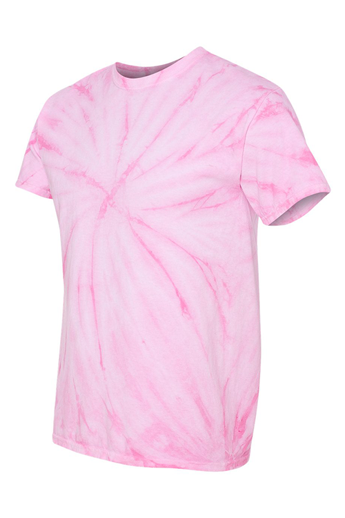 A vibrant pink tie dye t-shirt made from 100% pre-shrunk cotton, featuring a unisex fit and durable stitching.