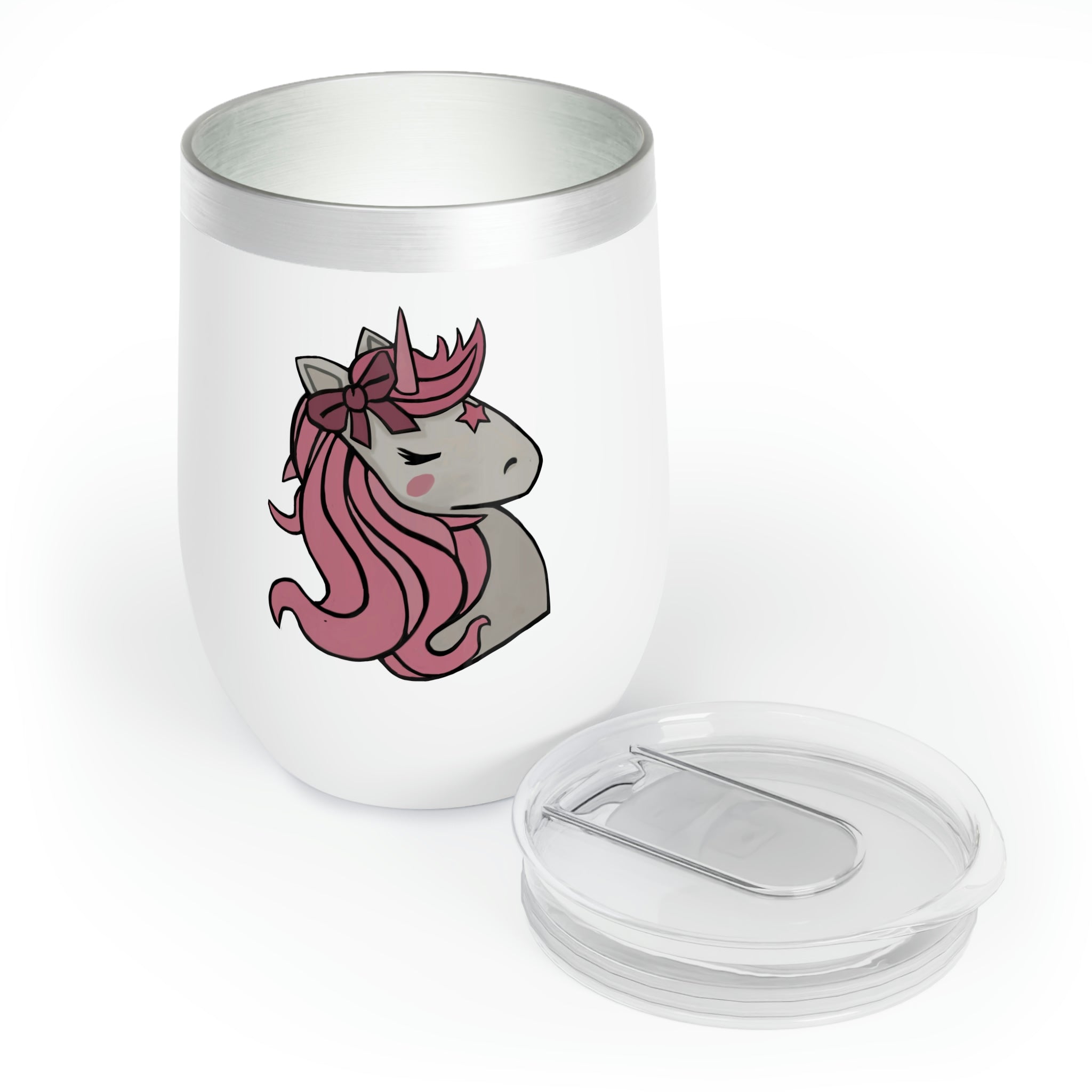 A stylish pink wine tumbler featuring a whimsical unicorn head design, perfect for enjoying beverages at the ideal temperature.