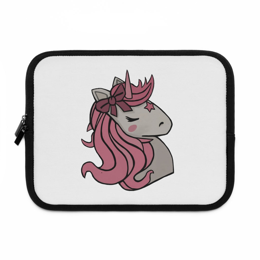 A stylish pink laptop sleeve featuring a unicorn head design, made from smooth neoprene with a black back.
