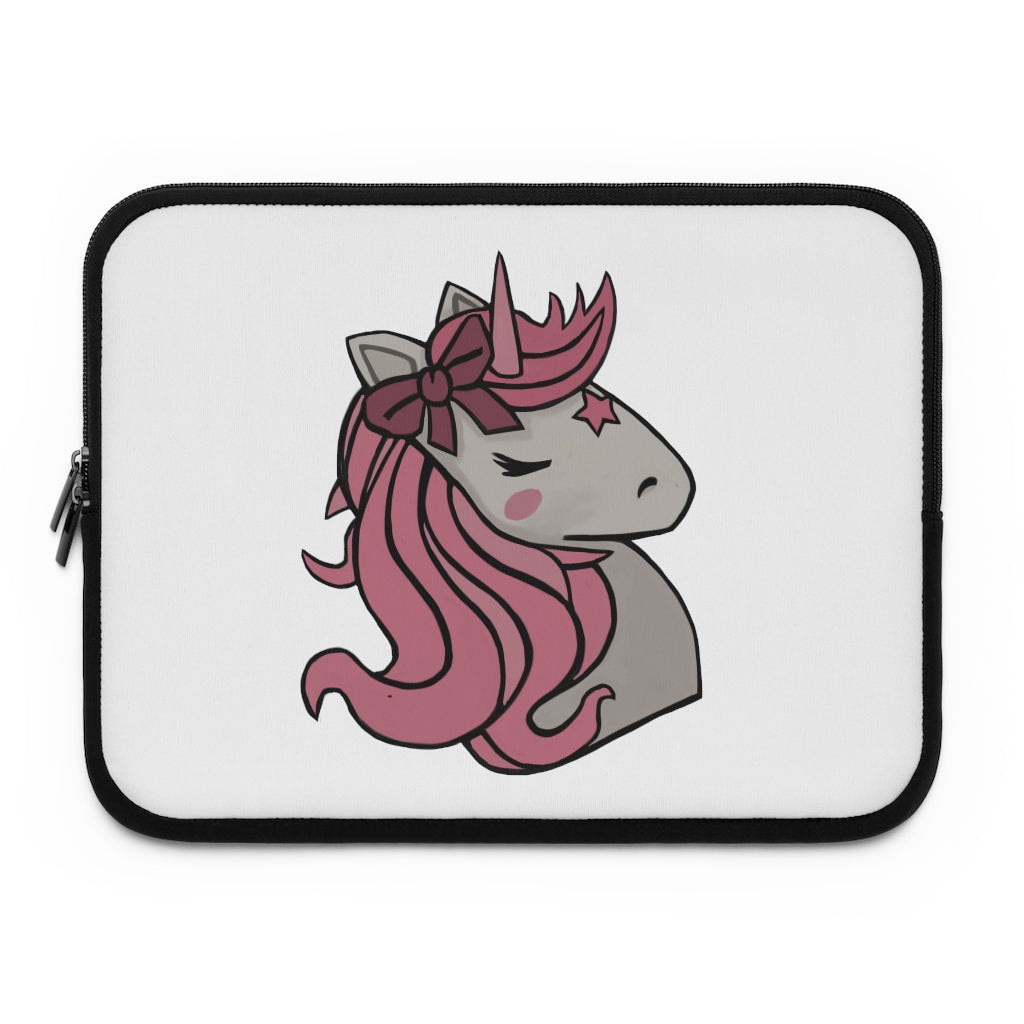 A stylish pink laptop sleeve featuring a unicorn head design, made from smooth neoprene with a black back.