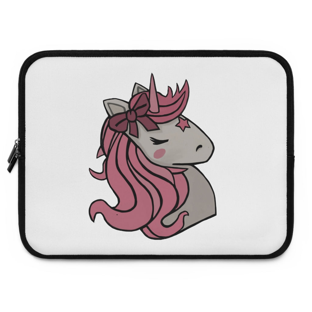 A stylish pink laptop sleeve featuring a unicorn head design, made from smooth neoprene with a black back.