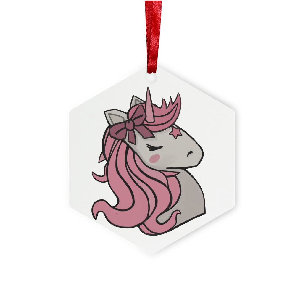 A beautiful Pink Unicorn Metal Hanging Ornament featuring a whimsical design, available in hexagon and star shapes, perfect for Christmas or personalized gifts.