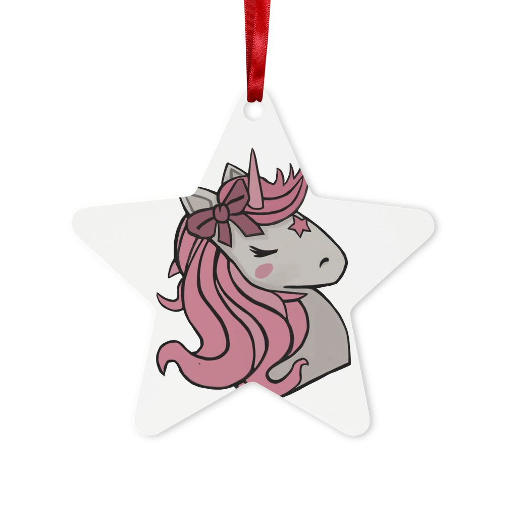 A beautiful Pink Unicorn Metal Hanging Ornament featuring a whimsical design, available in hexagon and star shapes, perfect for Christmas or personalized gifts.