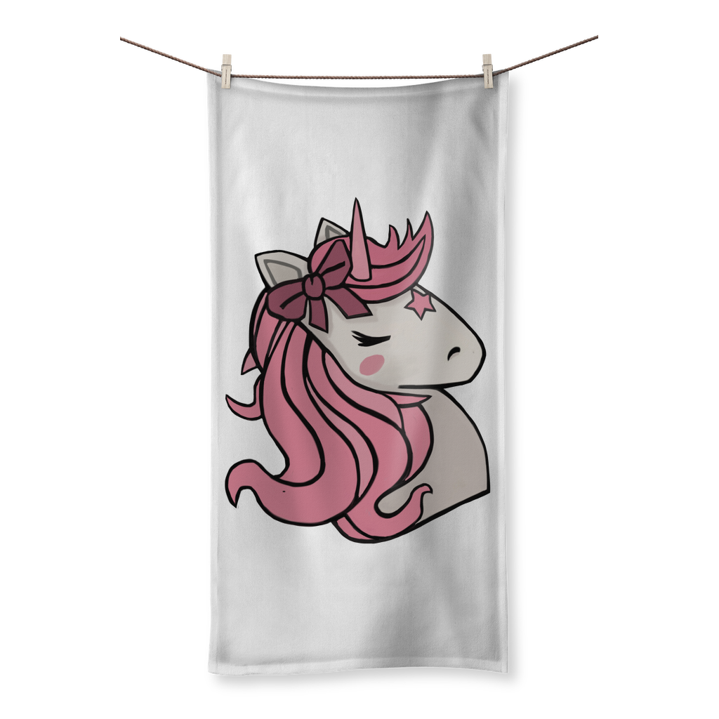 A vibrant Pink Unicorn Sublimation All Over Towel featuring a colorful unicorn design on one side and soft cotton backing on the other.