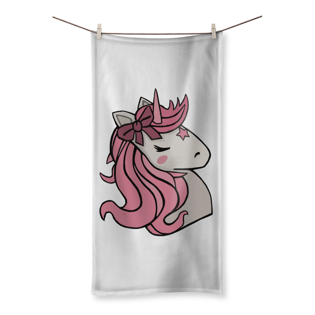 A vibrant Pink Unicorn Sublimation All Over Towel featuring a colorful unicorn design on one side and soft cotton backing on the other.