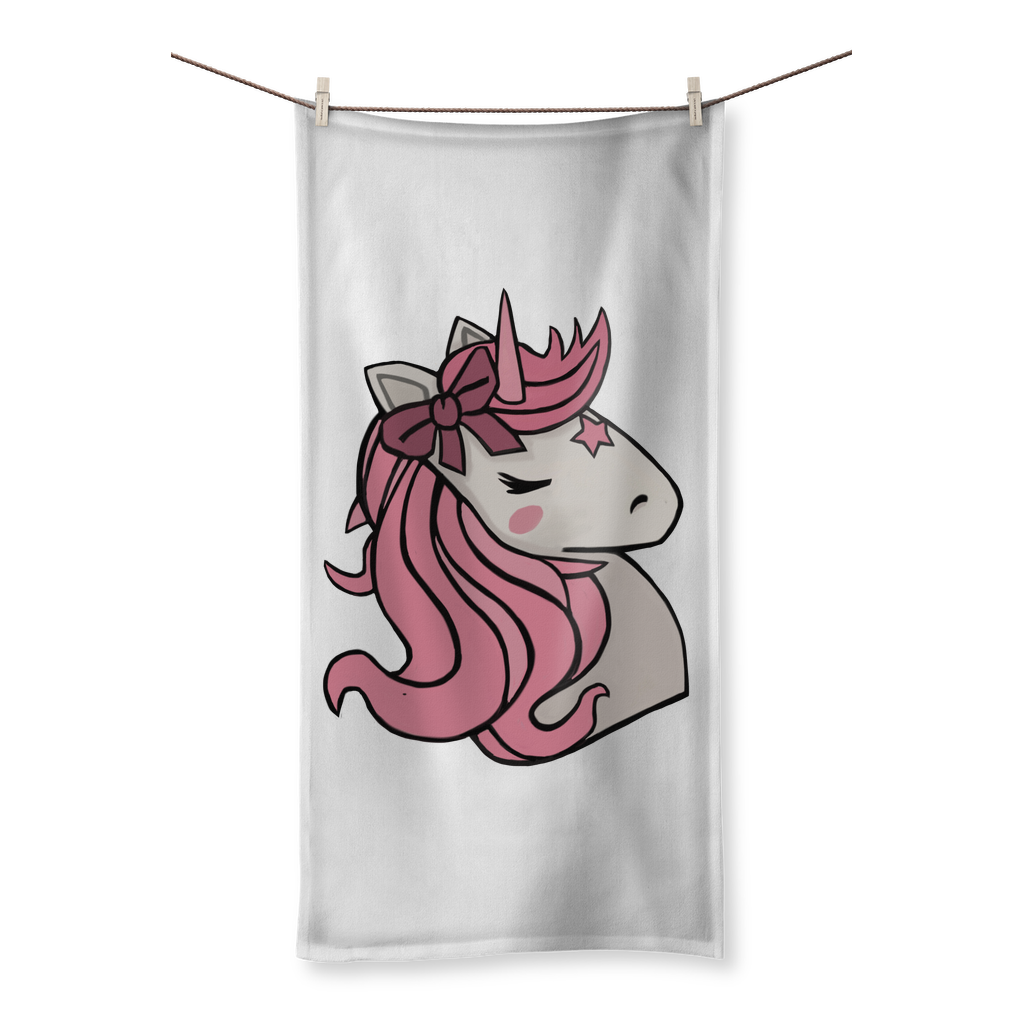 A vibrant Pink Unicorn Sublimation All Over Towel featuring a colorful unicorn design on one side and soft cotton backing on the other.