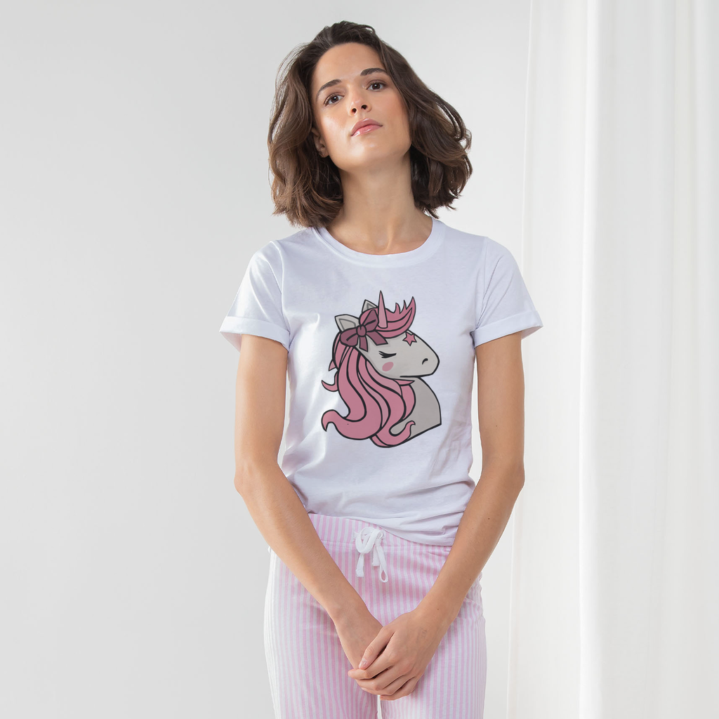 Pink Unicorn Women's Long Pant Pyjama Set featuring a white t-shirt, heather grey and light pink striped pants, and a matching drawcord bag.