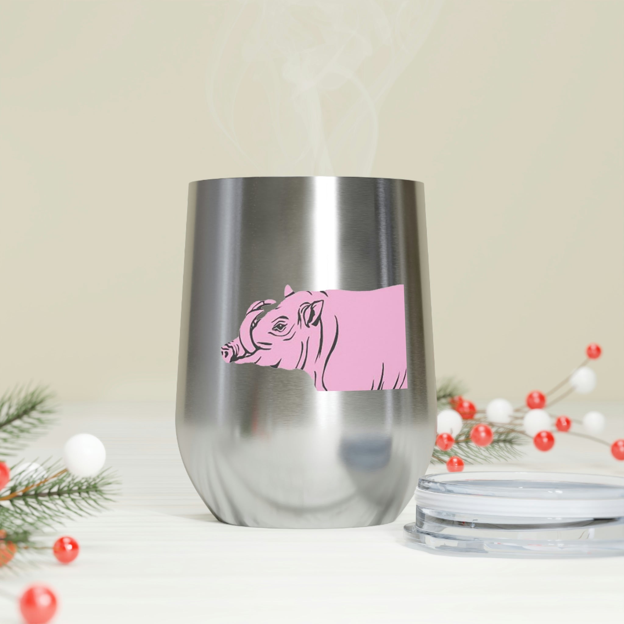 Pink Warthog Wine Tumbler with clear lid, showcasing vibrant design and stainless steel body.