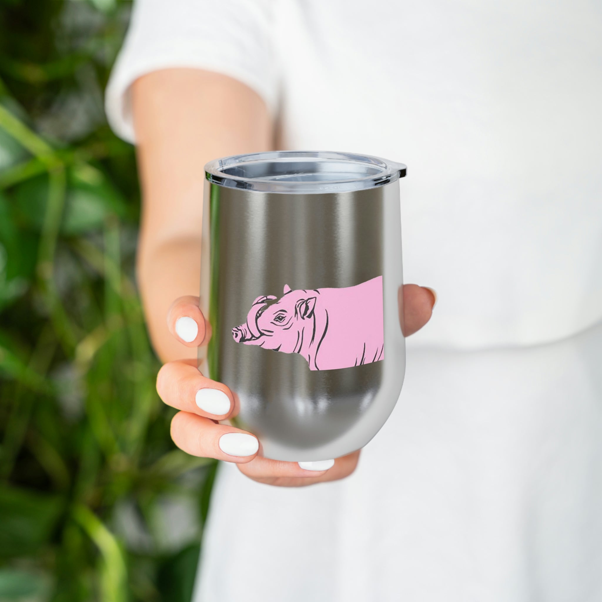 Pink Warthog Wine Tumbler with clear lid, showcasing vibrant design and stainless steel body.
