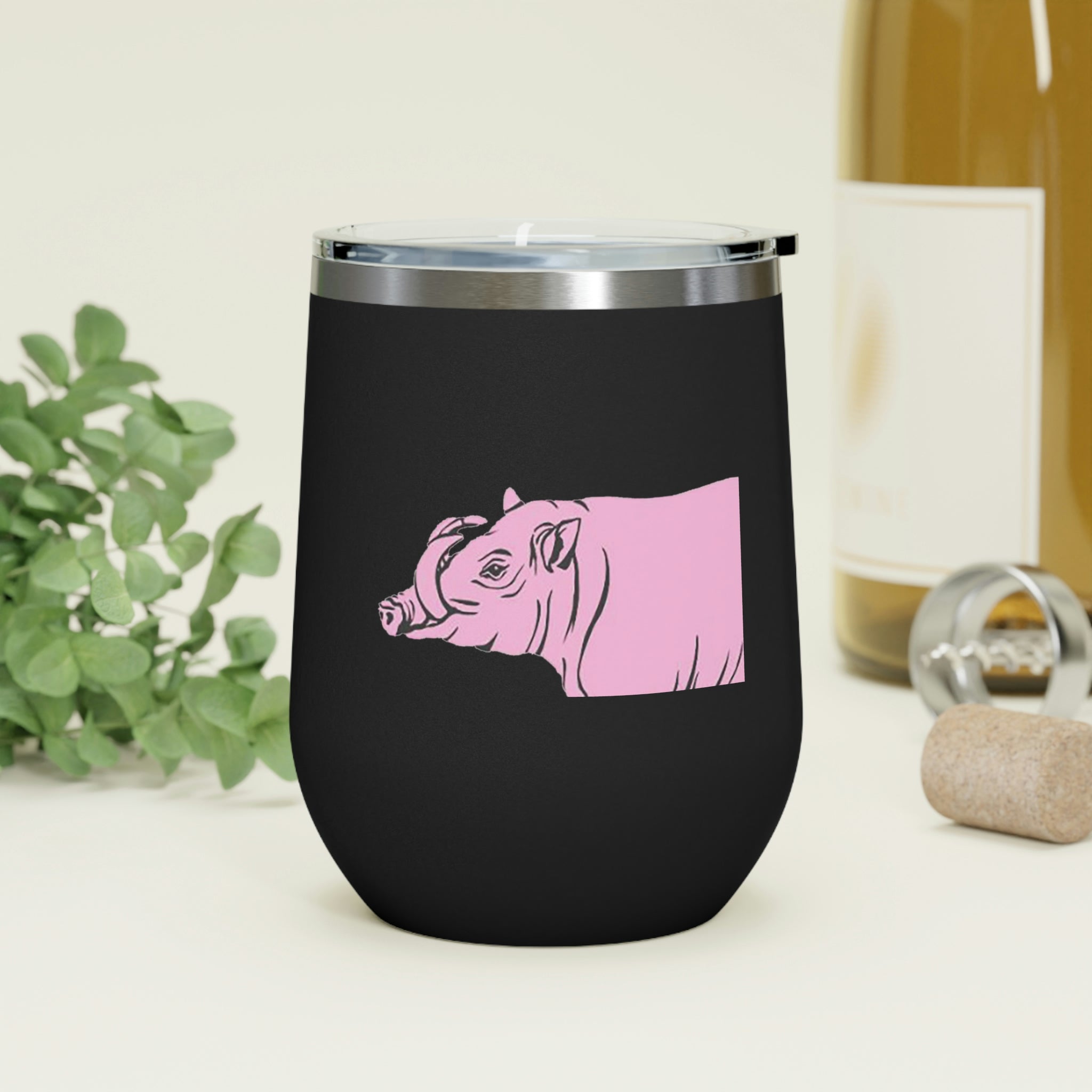 Pink Warthog Wine Tumbler with clear lid, showcasing vibrant design and stainless steel body.