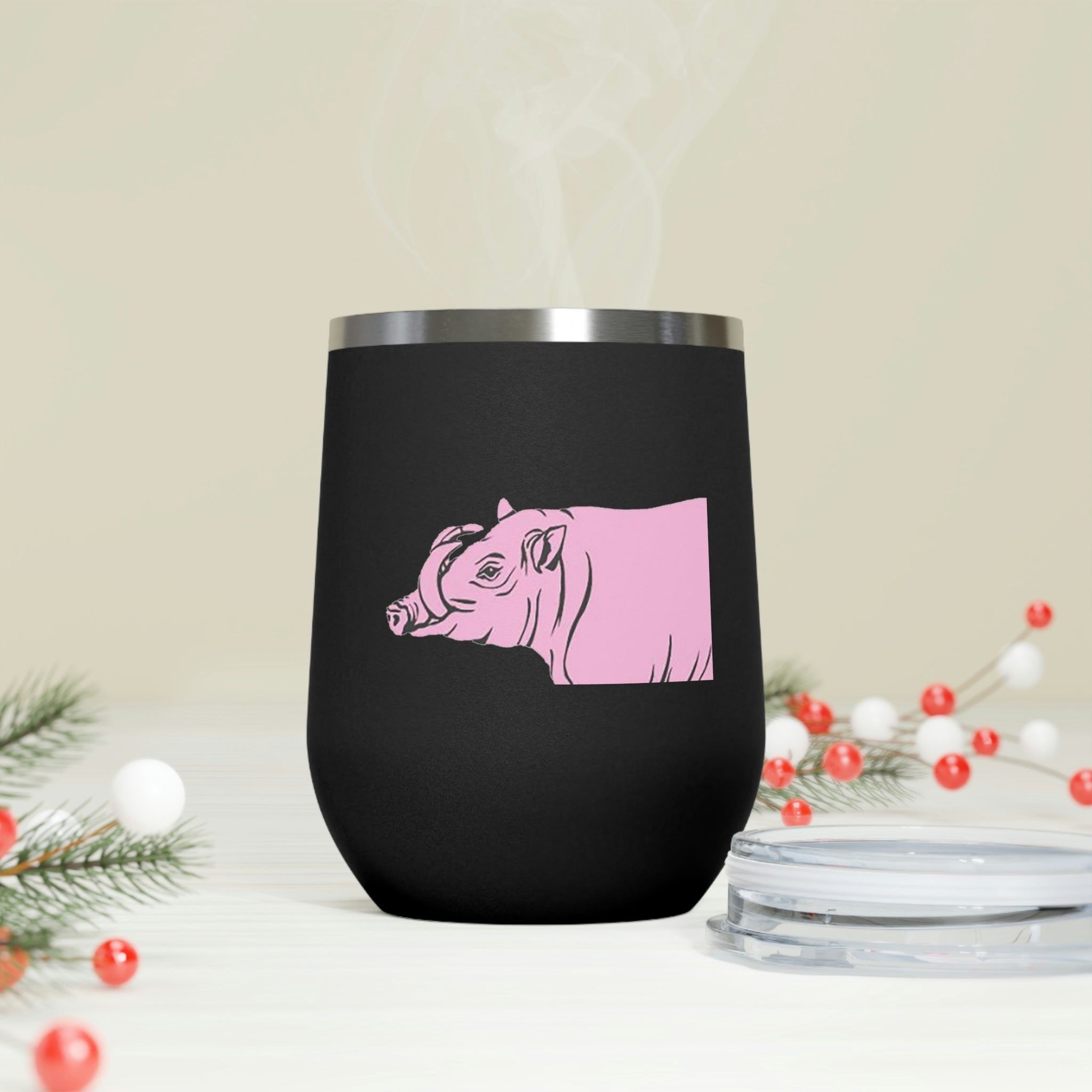 Pink Warthog Wine Tumbler with clear lid, showcasing vibrant design and stainless steel body.
