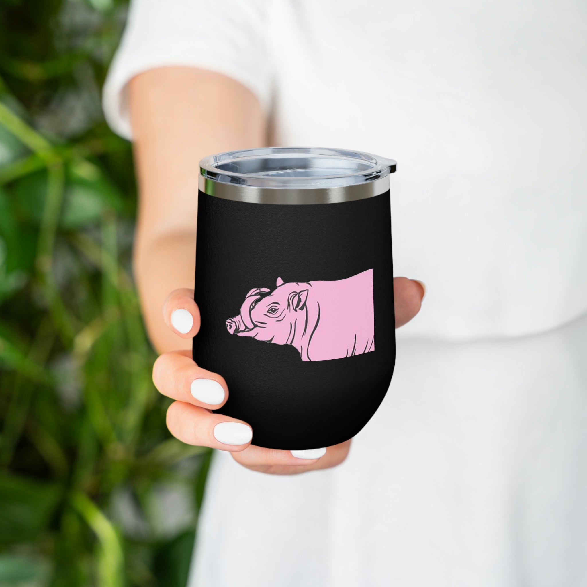 Pink Warthog Wine Tumbler with clear lid, showcasing vibrant design and stainless steel body.