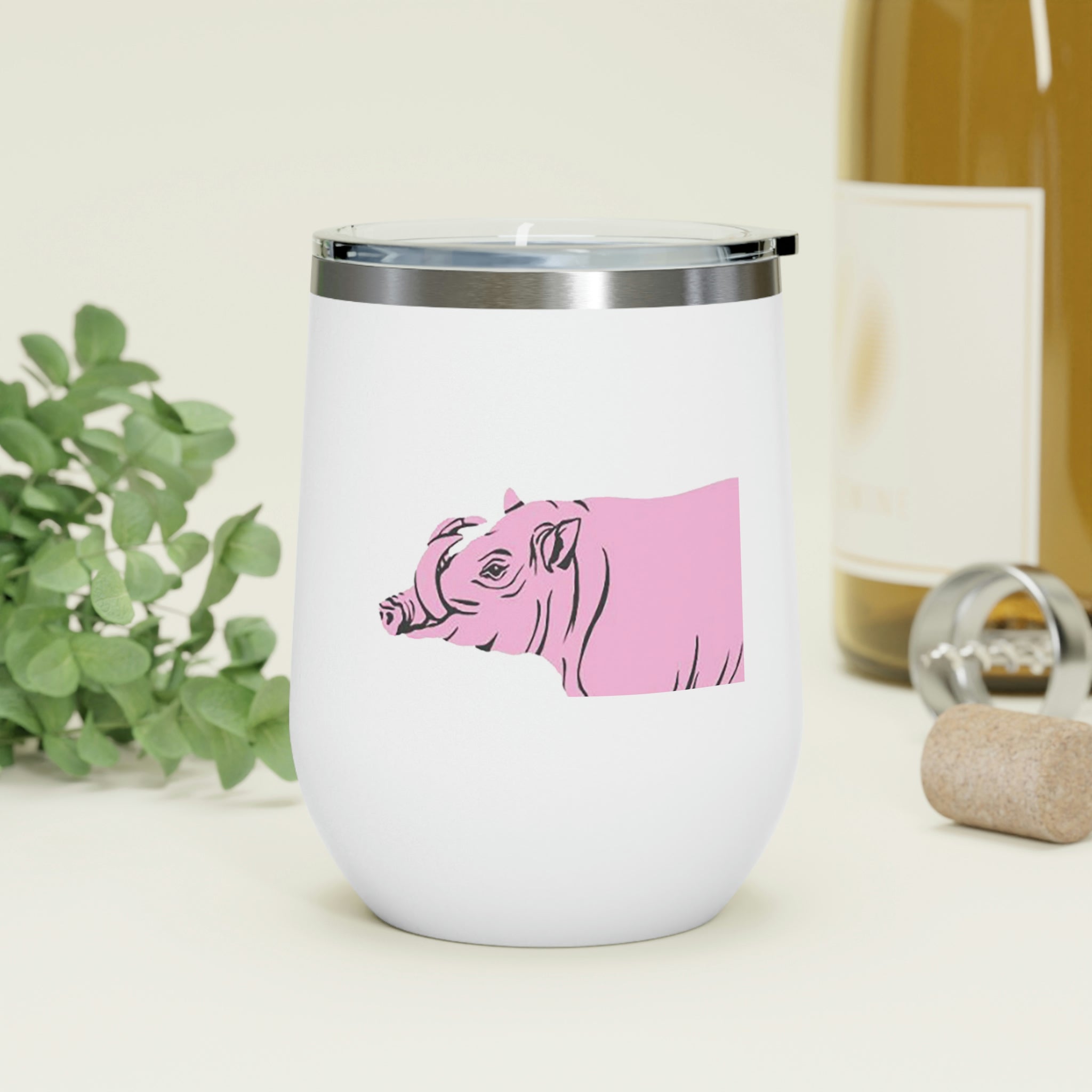 Pink Warthog Wine Tumbler with clear lid, showcasing vibrant design and stainless steel body.
