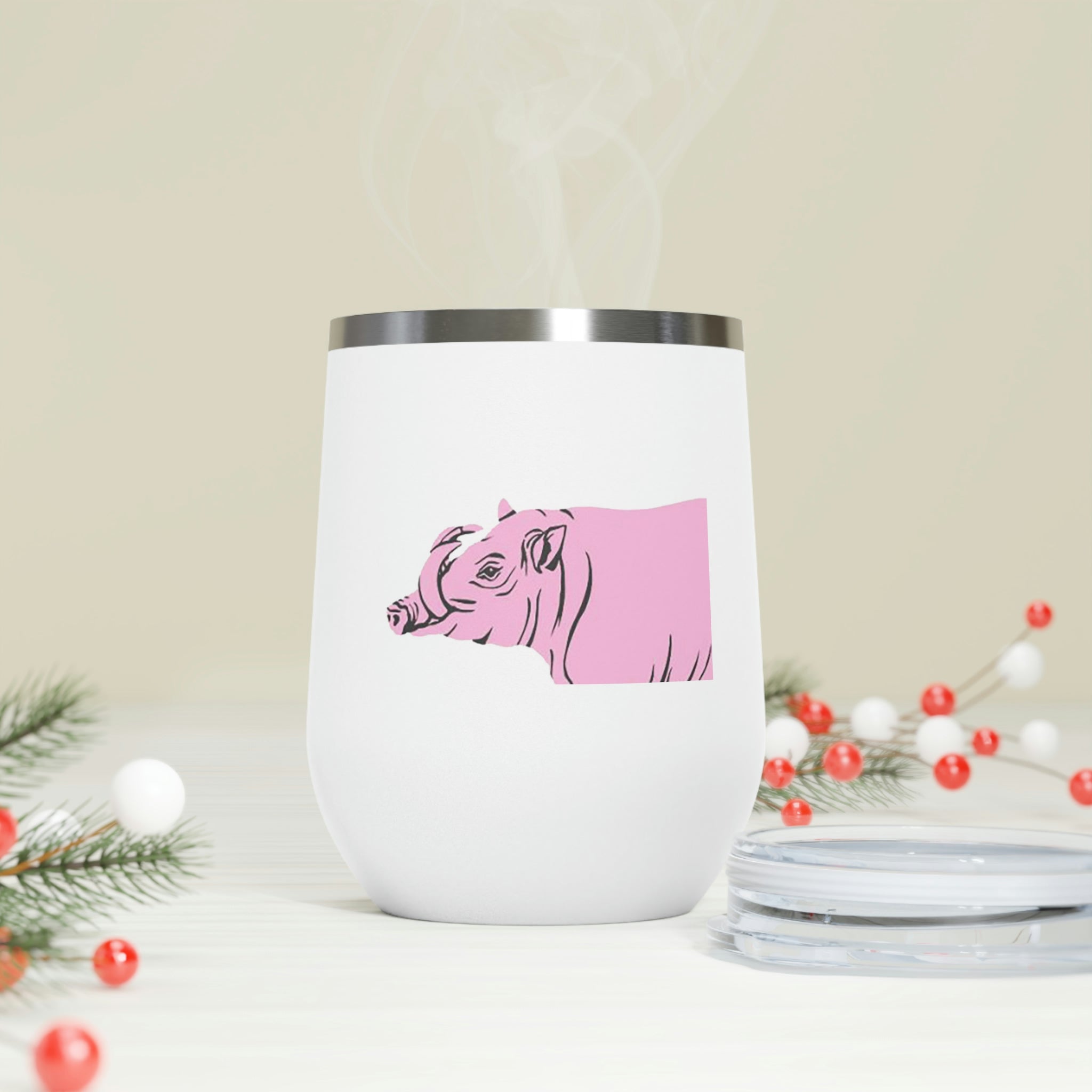 Pink Warthog Wine Tumbler with clear lid, showcasing vibrant design and stainless steel body.