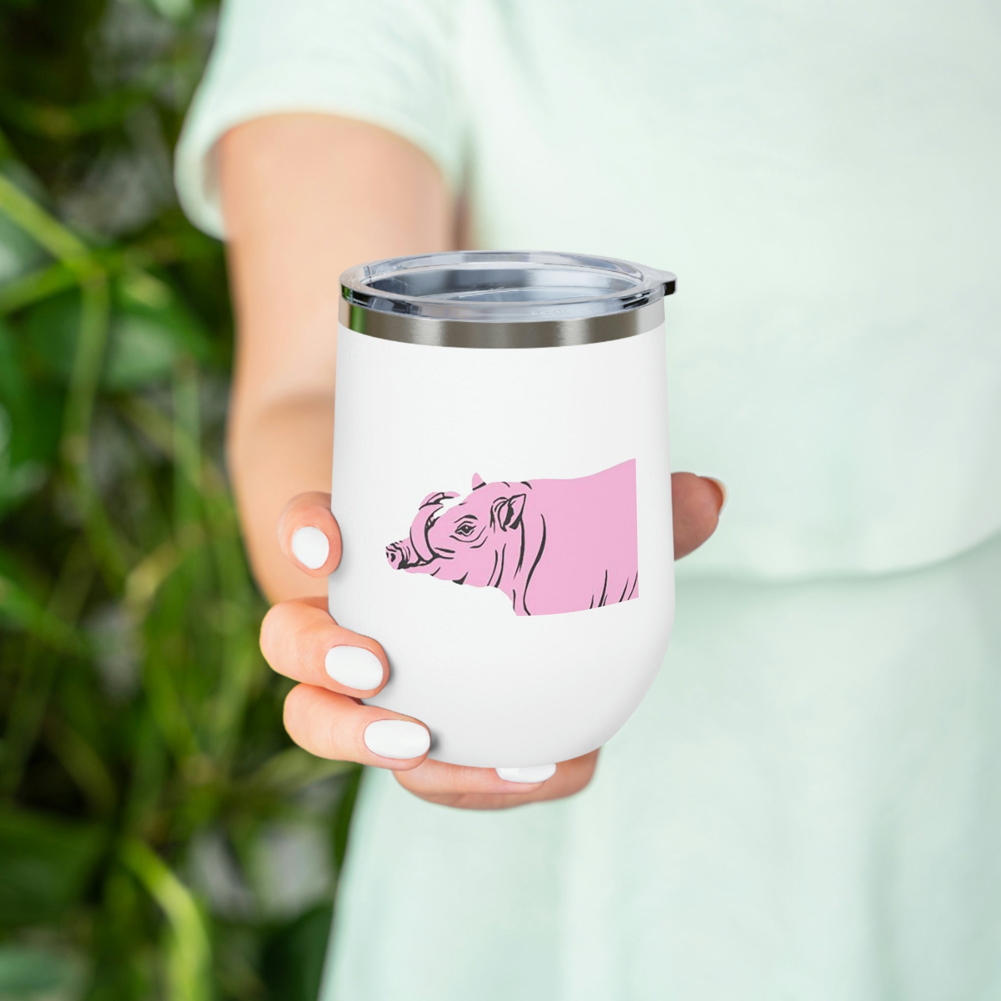 Pink Warthog Wine Tumbler with clear lid, showcasing vibrant design and stainless steel body.