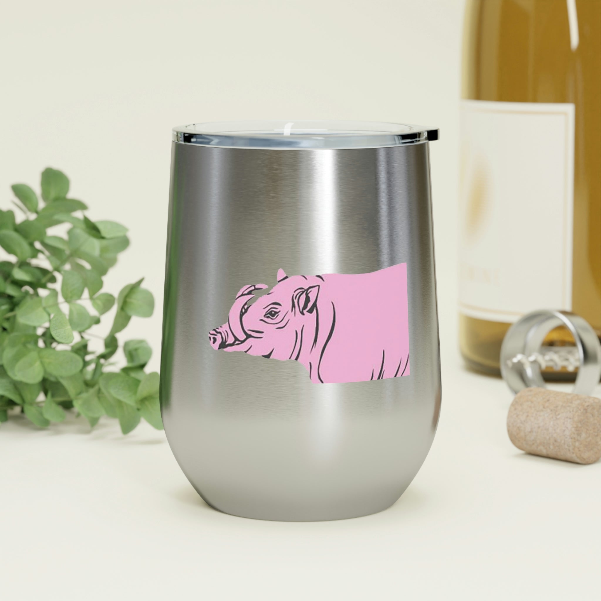 Pink Warthog Wine Tumbler with clear lid, showcasing vibrant design and stainless steel body.