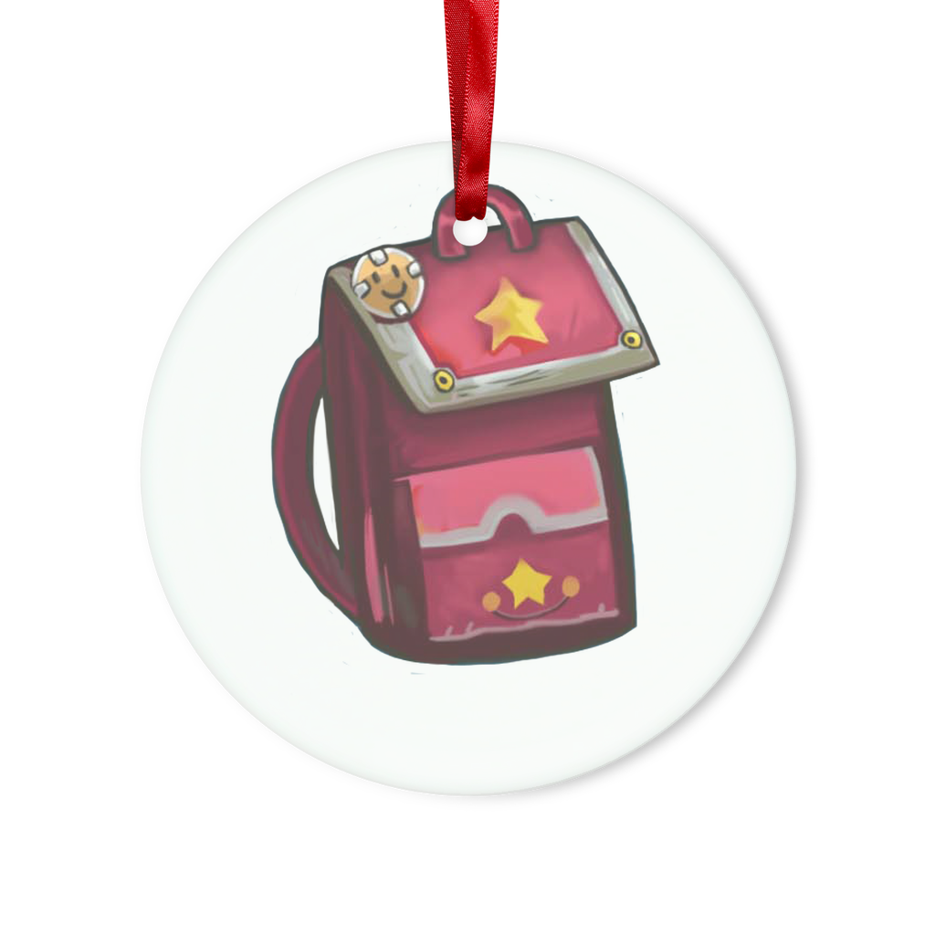 PinkBag Glass Hanging Ornament in round and heart shapes, featuring a red ribbon and gold string for hanging.