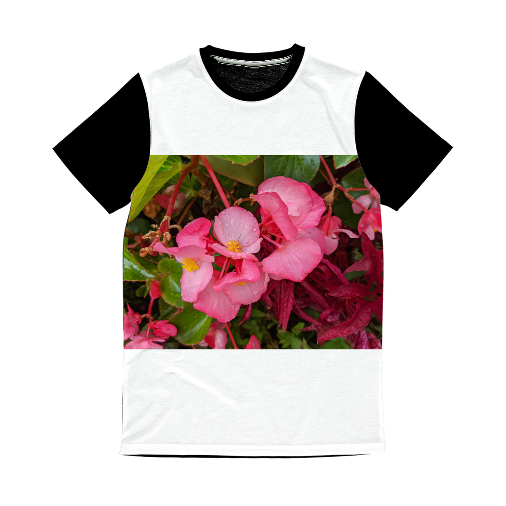 PinkFlowers Classic Sublimation Panel T-Shirt featuring vibrant front design and plain black back.