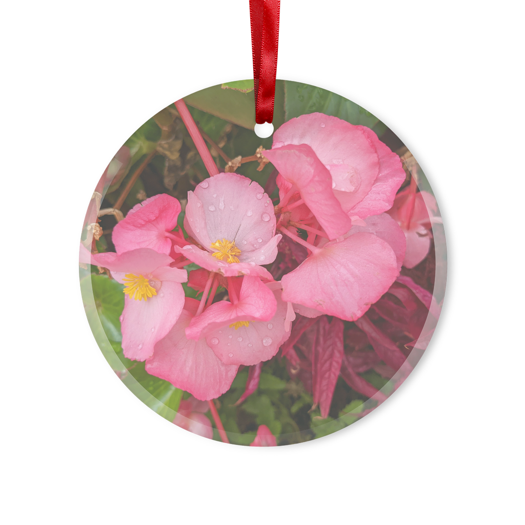 PinkFlowers Glass Hanging Ornament in round and heart shapes, elegantly displayed with red ribbon and gold string.