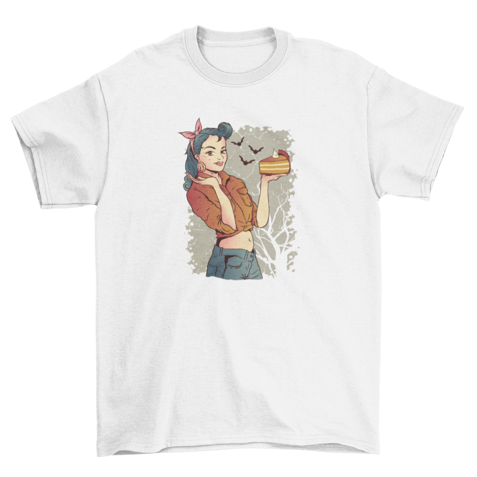 A stylish rockabilly girl holding a slice of pumpkin pie on a t-shirt design.