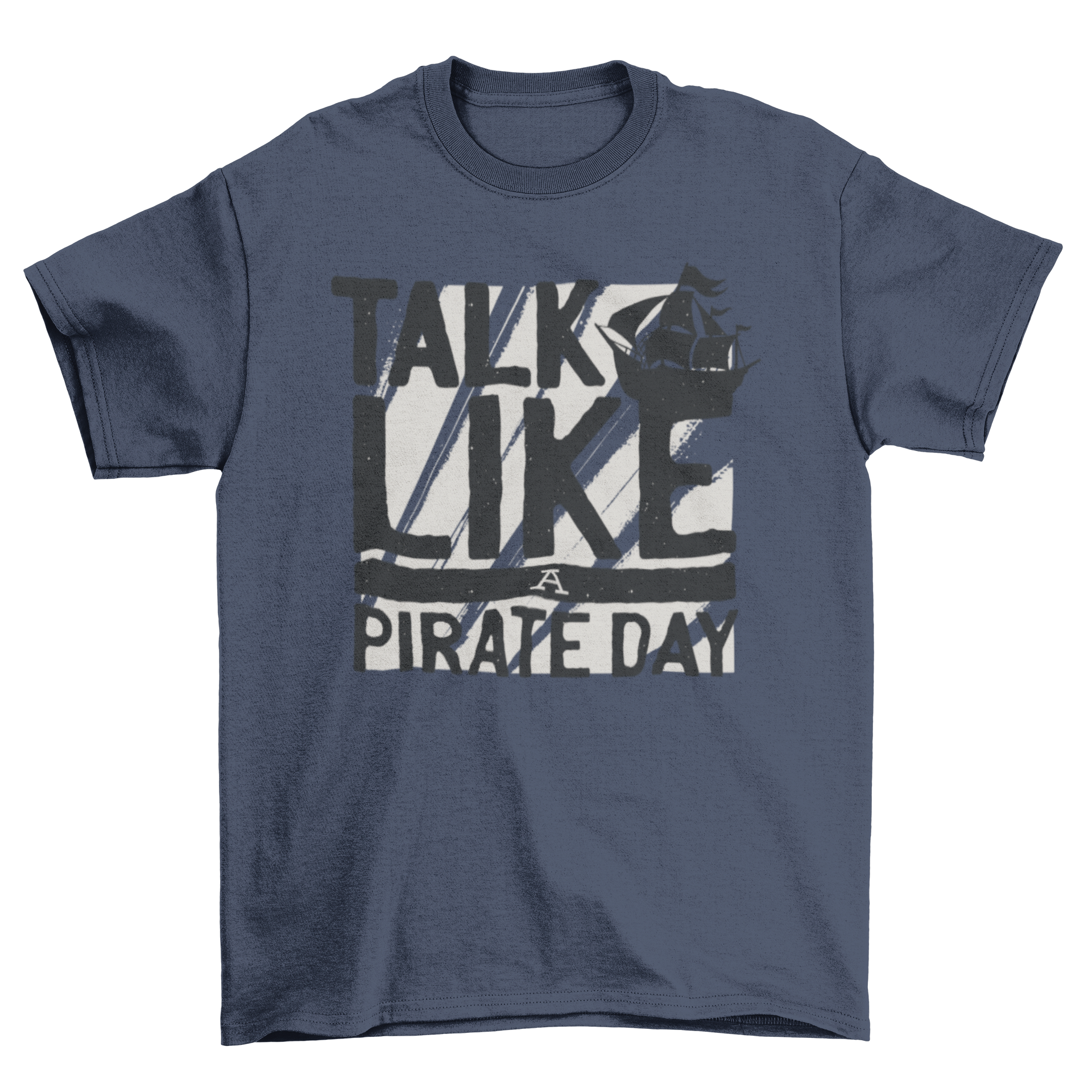 Cool pirate t-shirt design featuring 'Talk Like a Pirate Day' text and a pirate ship silhouette.