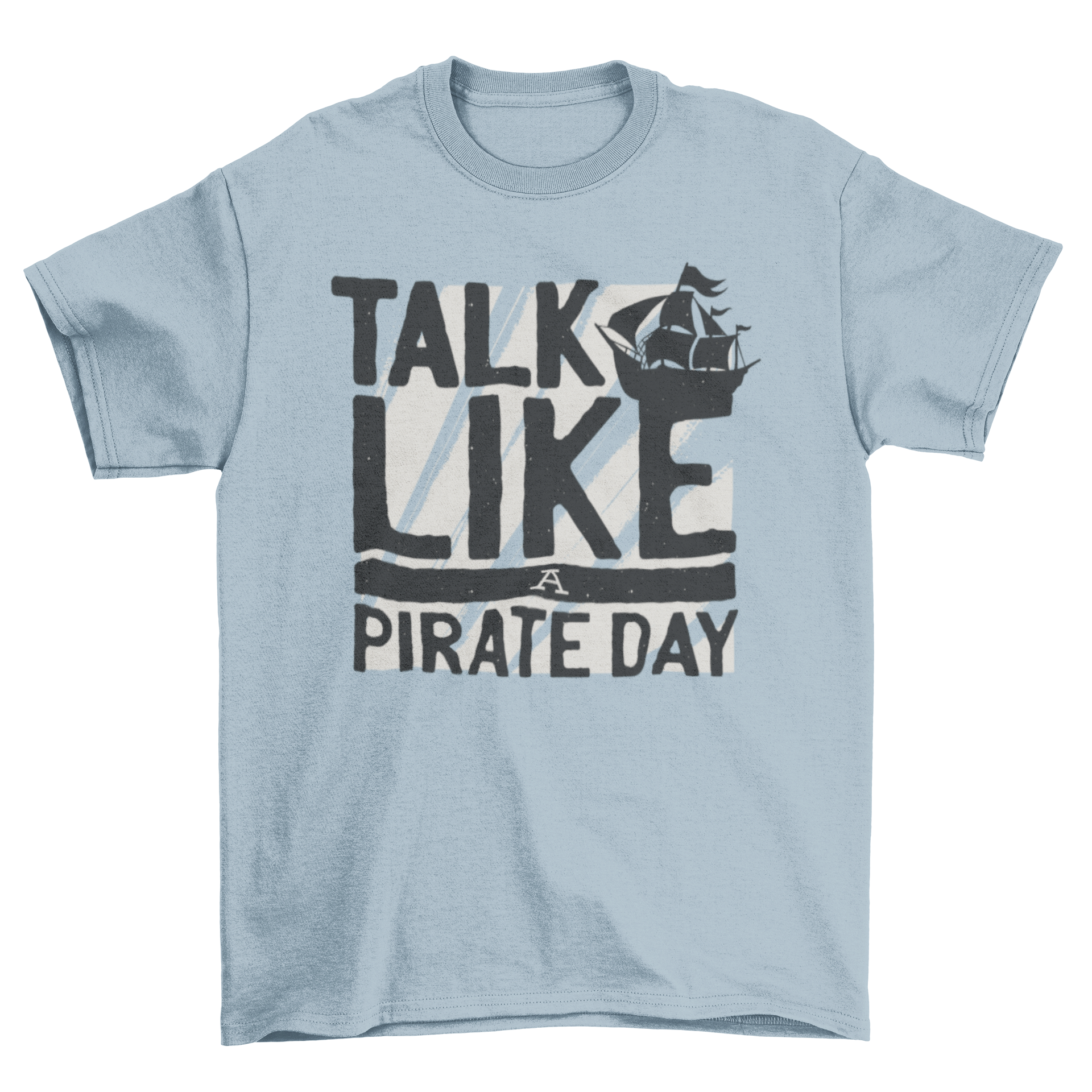 Cool pirate t-shirt design featuring 'Talk Like a Pirate Day' text and a pirate ship silhouette.