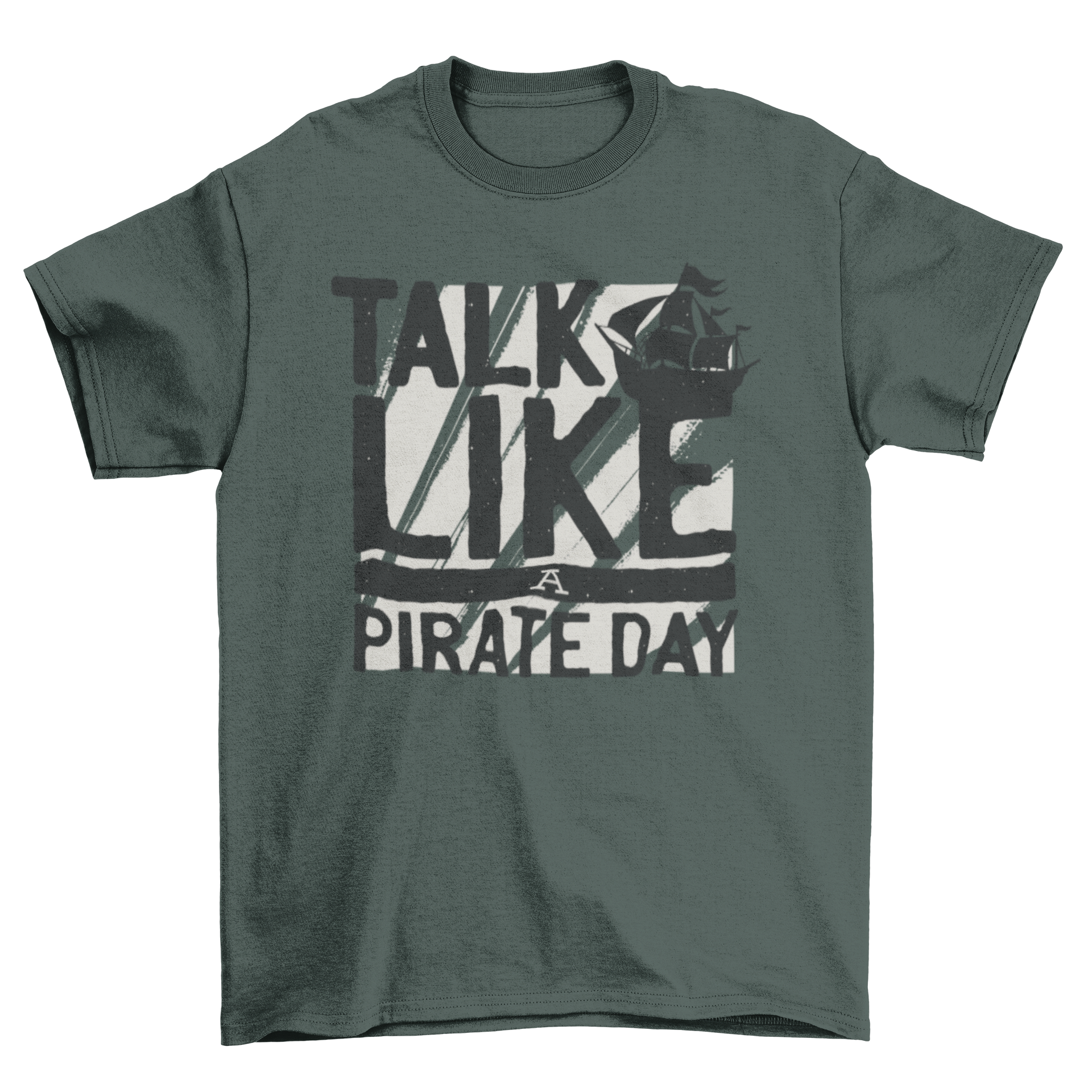 Cool pirate t-shirt design featuring 'Talk Like a Pirate Day' text and a pirate ship silhouette.