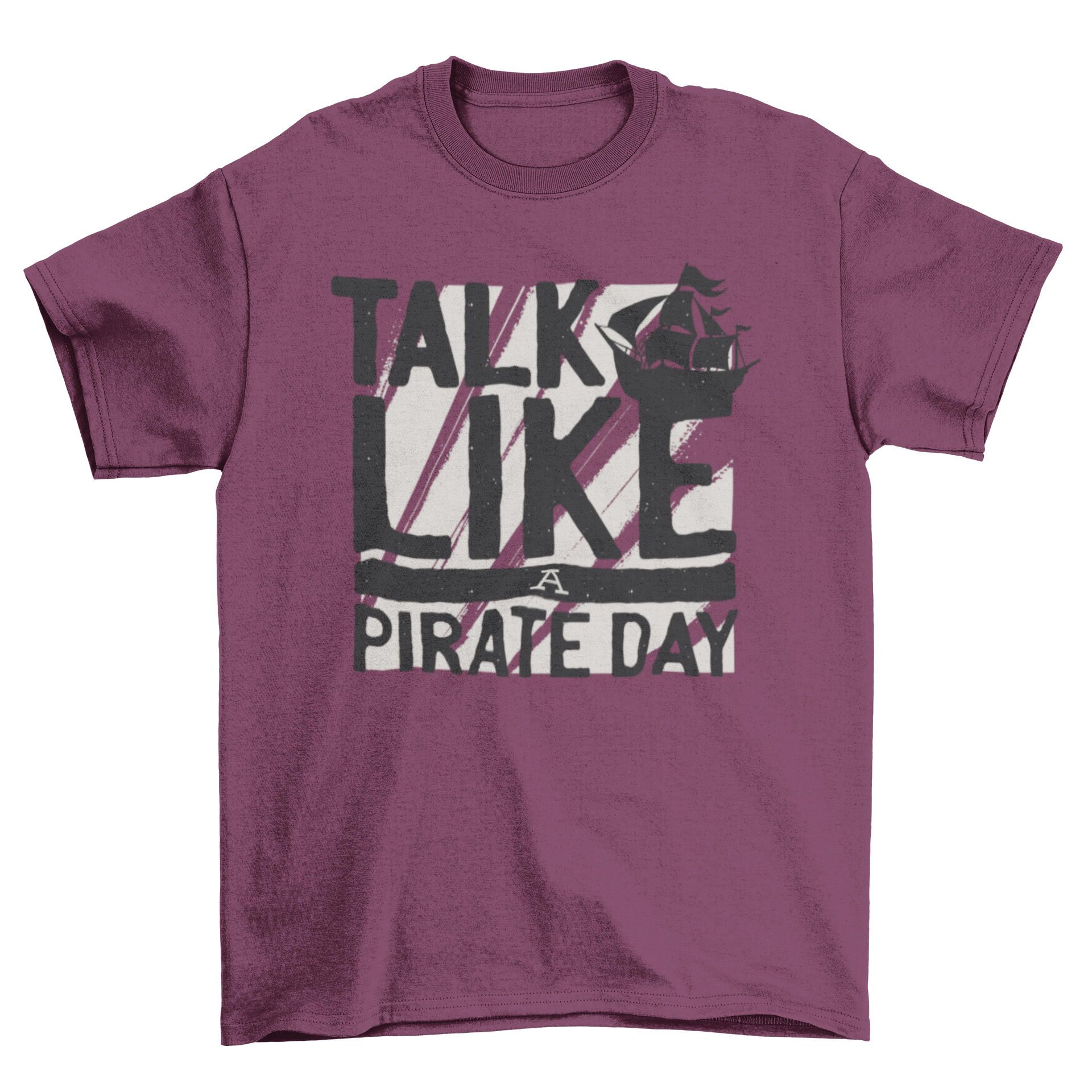 Cool pirate t-shirt design featuring 'Talk Like a Pirate Day' text and a pirate ship silhouette.