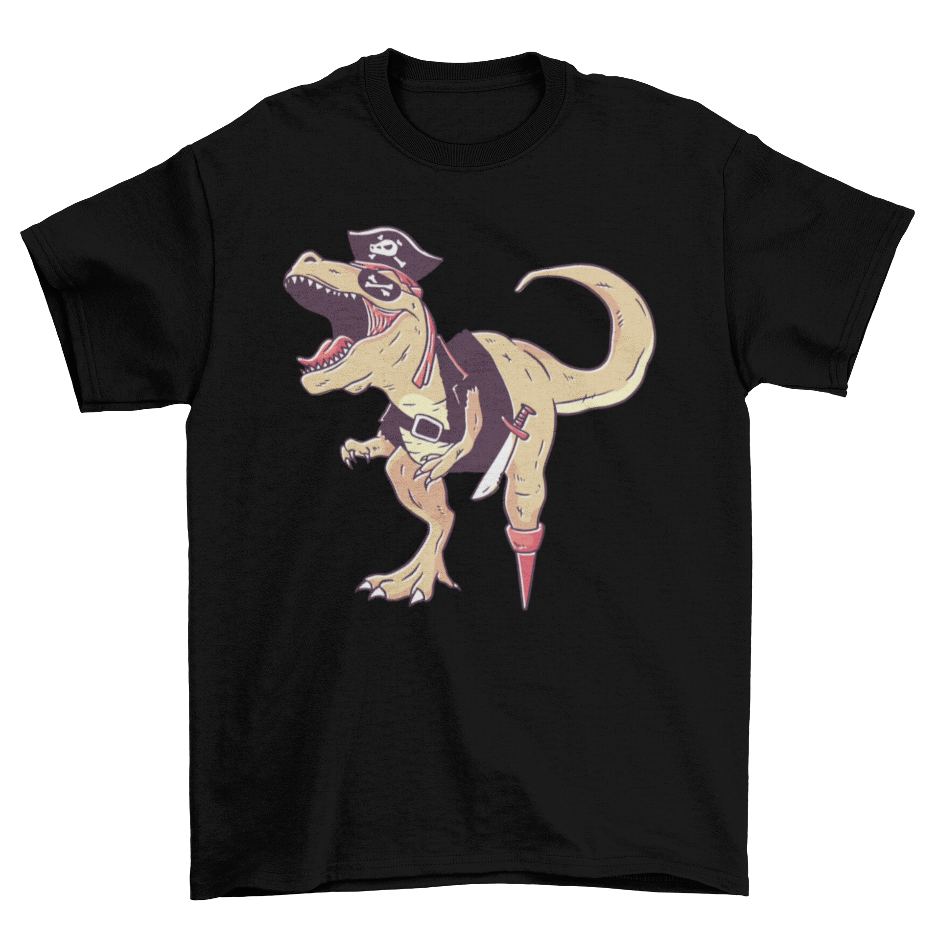 A colorful T-shirt featuring a pirate T-rex design, perfect for dinosaur enthusiasts.