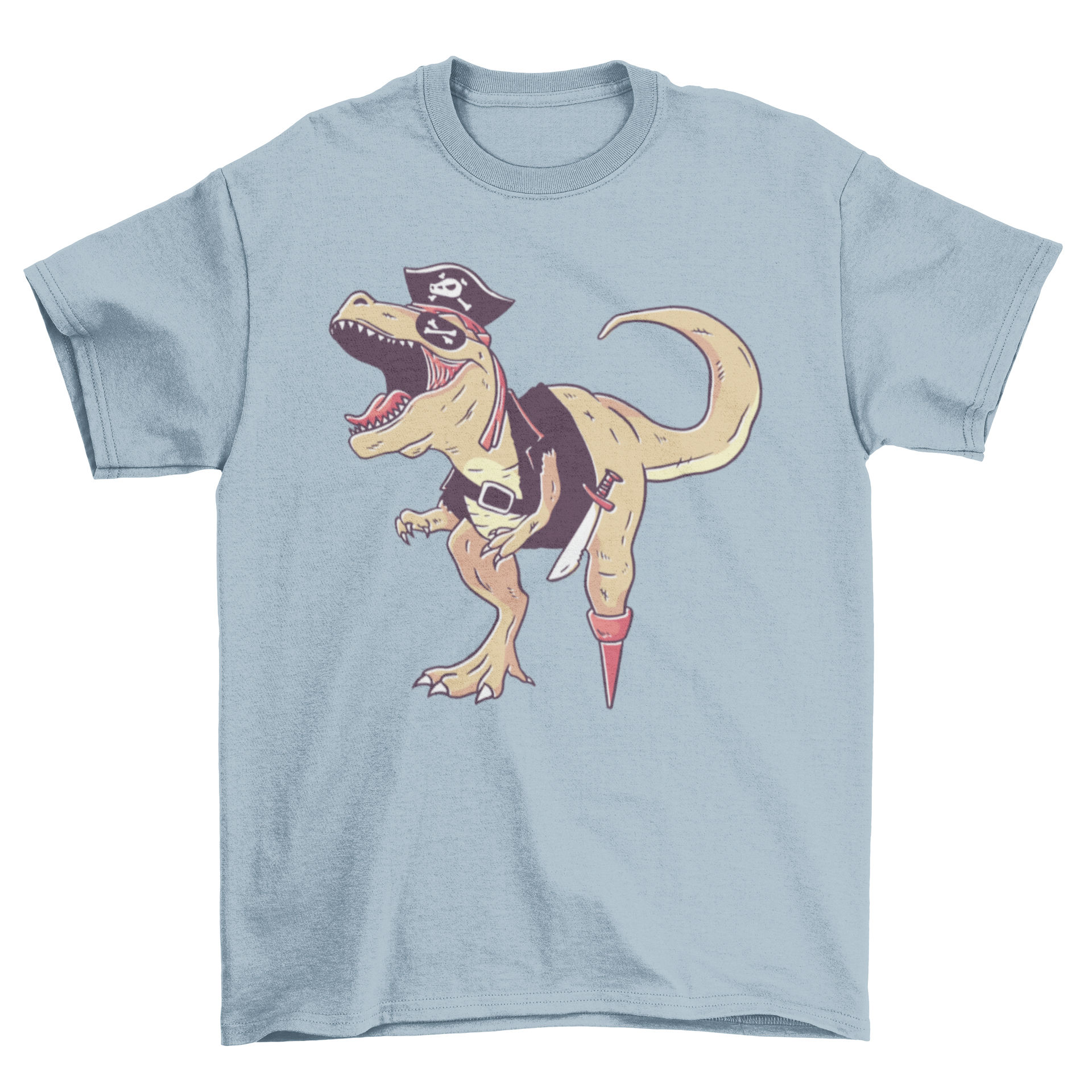 A colorful T-shirt featuring a pirate T-rex design, perfect for dinosaur enthusiasts.